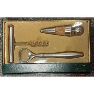 Golf Themed 3 Piece Wine Bar Brushed Finish Stainless / Cork Steel Gift Box Set